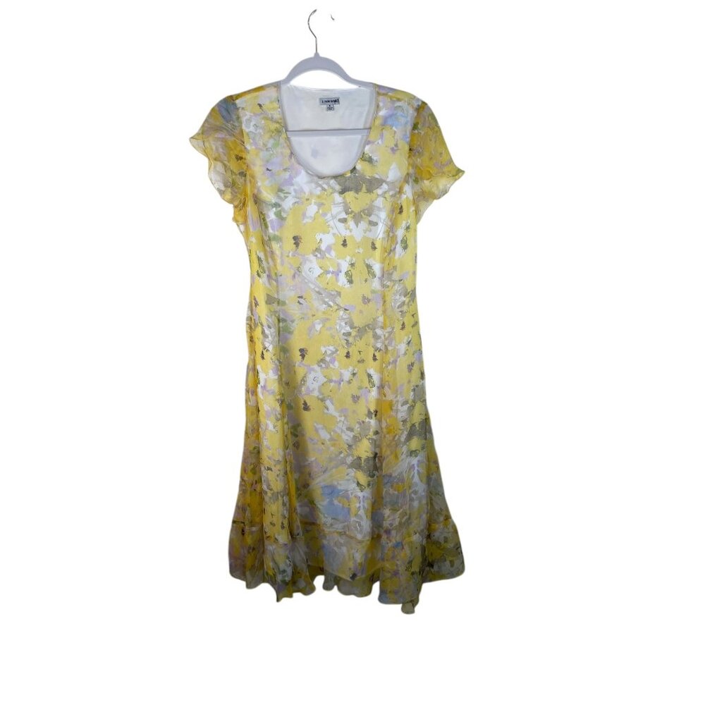 J. Peterman Floral Yellow Sheer Silk Dress Size 6 Scoop Neck Short Flutter Sleev